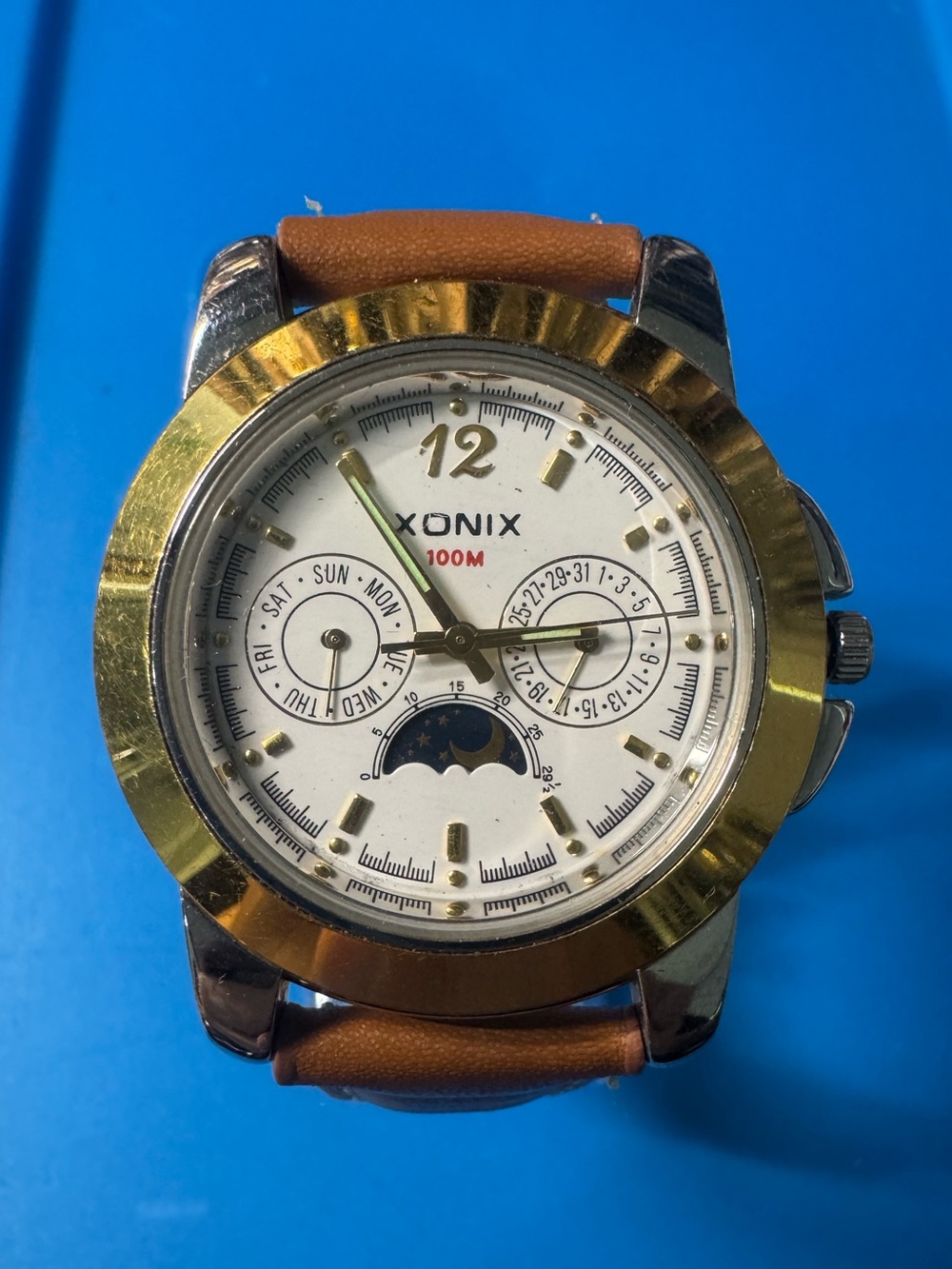 Men's Gold and Brown Leather Watch with Moonphase
